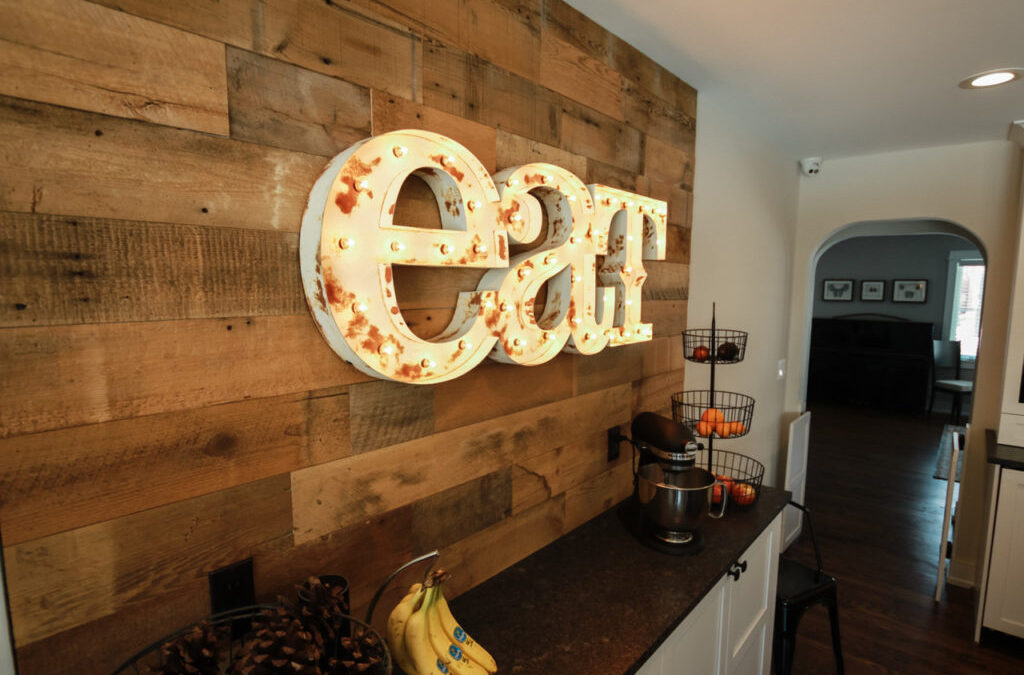Reclaimed wood feature wall living room
